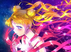 1girl bishoujo_senshi_sailor_moon blonde_hair blue_eyes bright_pupils collarbone double_bun earrings facial_mark floating_hair forehead_mark hair_bun hands_up highres himehachi_(hime8manga) jewelry long_hair magical_girl nude open_mouth sailor_moon solo tsukino_usagi twintails white_pupils