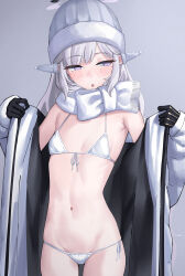 Rule 34 | 1girl, :o, absurdres, alternate costume, aoi riko, armpits, beanie, bikini, black gloves, blue archive, blush, breasts, coat, ear covers, front-tie bikini top, front-tie top, gloves, grey hair, groin, halo, hat, highres, himari (blue archive), holding, holding clothes, holding coat, looking down, mole, mole under eye, navel, open clothes, open coat, padded coat, petite, purple eyes, scarf, side-tie bikini bottom, simple background, skinny, small breasts, solo, stomach, string bikini, swimsuit, white bikini, white coat, white scarf