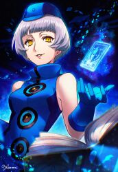 Rule 34 | 1girl, absurdres, bare shoulders, blue background, blue dress, blue gloves, blue hat, bob cut, book, breasts, cabbie hat, commentary request, dress, elizabeth (persona), floating, floating book, floating card, floating object, gloves, grey hair, grin, hat, highres, lips, looking at viewer, medium breasts, open book, parted lips, persona, persona 3, pink lips, short hair, signature, sleeveless, sleeveless dress, smile, solo, yellow eyes, yokaroni