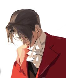 Rule 34 | 1boy, ace attorney, artist name, ascot, brown hair, closed eyes, closed mouth, curtained hair, guzaeolos, head down, jacket, lapels, male focus, miles edgeworth, red jacket, short hair, simple background, twitter username, upper body, white ascot, white background