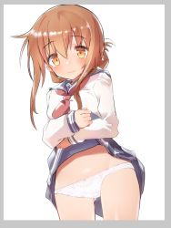 Rule 34 | 1girl, anchor symbol, bad id, bad twitter id, blouse, blue sailor collar, blue skirt, brown hair, caburi, clothes lift, commentary request, cowboy shot, folded ponytail, gluteal fold, hair between eyes, highres, inazuma (kancolle), kantai collection, lifting own clothes, long hair, looking at viewer, lowleg, lowleg panties, neckerchief, panties, pleated skirt, red neckerchief, sailor collar, school uniform, serafuku, shirt, simple background, skirt, skirt lift, solo, underwear, white background, white panties, white shirt, yellow eyes