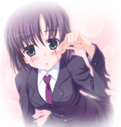 Rule 34 | 00s, blazer, blush, green eyes, jacket, necktie, purple hair, saki (manga), school uniform, solo, touyoko momoko, yuurei yashiki