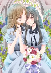 Rule 34 | 2girls, black bow, black hair, blue flower, blue shirt, blue skirt, bouquet, bow, brown eyes, brown hair, collared shirt, commentary, english commentary, fingernails, flower, holding hands, hand on another&#039;s head, highres, interlocked fingers, knees up, long hair, multiple girls, original, parted lips, puffy short sleeves, puffy sleeves, purple flower, purple rose, red flower, red rose, revision, rose, sheepd, shirt, short sleeves, signature, sitting, skirt, white flower, yuri