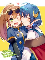 Rule 34 | :d, ^ ^, ahoge, bad id, bad pixiv id, blue hair, blue shirt, blush, breasts, brown hair, cape, capelet, closed eyes, commentary request, crescent, crescent hair ornament, hair between eyes, hair ornament, long hair, multiple girls, open mouth, precis neumann, rena lanford, shikakuii, shirt, short hair, smile, star ocean, star ocean the second story