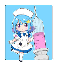 Rule 34 | 1girl, aikatsu! (series), aikatsu friends!, apron, armband, black footwear, blue background, blue dress, blue hair, blush, chibi, closed mouth, collared dress, commentary request, dress, full body, gloves, gradient hair, hair ornament, kneehighs, large syringe, looking at viewer, minato mio, multicolored hair, nozo (hitomiz), oversized object, puffy short sleeves, puffy sleeves, purple eyes, purple hair, safety pin, shoes, short sleeves, socks, solo, standing, standing on one leg, star (symbol), star hair ornament, syringe, two-tone background, white apron, white background, white gloves, white headwear, white socks