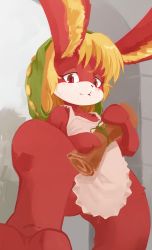 Rule 34 | 1girl, :3, ancesra, animal ear fluff, animal ears, animal hands, animal nose, apron, arch, bare shoulders, barefoot, blonde hair, body fur, closed mouth, collarbone, female focus, flat chest, foot up, frilled apron, frills, furry, furry female, green hat, grey background, half-closed eyes, hands up, happy, hat, highres, holding, holding scroll, light blush, long hair, looking at viewer, myris, naked apron, odin sphere, pooka (odin sphere), pussy juice, rabbit ears, rabbit girl, red eyes, red fur, scroll, sidelocks, sketch, smile, solo, spread legs, two-tone fur, white apron, white fur