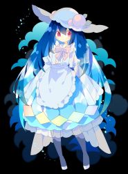 Rule 34 | 1girl, apron, blouse, blue hair, blue legwear, blue skirt, blush, bow, bowtie, closed mouth, commentary, dot mouth, full body, hair between eyes, hat, highres, hinanawi tenshi, long hair, long sleeves, looking at viewer, nikorashi-ka, peach hat ornament, pink bow, rainbow gradient, red eyes, shirt, shoes, skirt, sleeves past fingers, sleeves past wrists, solo, touhou, very long hair, white footwear, white hat, white shirt, wide sleeves