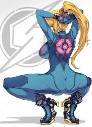 Rule 34 | 1girl, arms behind head, ass, back, blonde hair, blue bodysuit, bodysuit, breasts, from behind, high heels, impossible bodysuit, impossible clothes, looking back, metroid, metroid: zero mission, nintendo, ponytail, samus aran, shimure (460), skin tight, solo, squatting, super smash bros., wet, zero suit