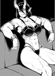 Rule 34 | 1girl, abs, absurdres, bikini, bracelet, breasts, cleavage, couch, demon, greyscale, hair between eyes, highres, horns, jewelry, large breasts, looking at viewer, monochrome, muscular, muscular female, o-ring, o-ring bikini, parted lips, sitting, solo, speedl00ver, swimsuit