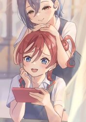 2girls :3 asymmetrical_hair blue_eyes blue_hair blurry blurry_background blush cellphone closed_mouth collarbone collared_shirt commentary_request crossed_bangs curtains dress dress_shirt grey_dress hair_between_eyes hair_bun half-closed_eyes hands_on_another&#039;s_head highres holding holding_phone love_live! love_live!_superstar!! multiple_girls nekomarunisei open_mouth orange_eyes phone pinafore_dress red_hair school_uniform shirt short_hair_with_long_locks short_sleeves single_side_bun sleeveless sleeveless_dress smartphone smile summer_uniform teeth translation_request upper_teeth_only wakana_shiki white_shirt yoneme_mei yuigaoka_school_uniform