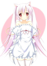 Rule 34 | 10s, 1girl, androgynous, animal ears, arms behind back, bare shoulders, blush, collarbone, dress, gradient hair, highres, kyubey, long hair, mahou shoujo madoka magica, mahou shoujo madoka magica (anime), multicolored hair, nozomi tsubame, paper, personification, pink eyes, pink hair, ribbon, solo, strapless, strapless dress, thighhighs, very long hair, white hair, white thighhighs, zettai ryouiki