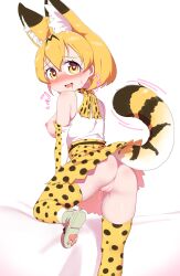Rule 34 | 1girl, absurdres, animal ears, anus, ass, bed, blonde hair, blush, bob cut, bow, bowtie, breasts, chis (js60216), cleft of venus, climbing, crotch seam, detached sleeves, dress, elbow gloves, extra ears, fang, from behind, fur collar, gloves, grey footwear, heart, heart-shaped pupils, high-waist skirt, highres, kemono friends, knee up, leaning forward, looking at viewer, looking back, medium breasts, motion lines, no panties, print bow, print bowtie, print gloves, print skirt, print thighhighs, pussy, saliva, serval (kemono friends), serval print, shirt, shoes, short hair, skirt, sleeveless, sleeveless dress, sleeveless shirt, smile, solo, striped tail, symbol-shaped pupils, tail, thighhighs, uncensored, white bow, white bowtie, white shirt, yellow eyes, yellow gloves, yellow skirt, yellow thighhighs