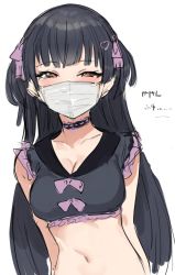Rule 34 | bad id, bad twitter id, black hair, blunt bangs, blush, bow, breasts, choker, collarbone, crop top, hair bow, highres, idolmaster, idolmaster shiny colors, looking at viewer, mask, mayuzumi fuyuko, medium breasts, midriff, mouth mask, navel, solo, suisogenshi, surgical mask, upper body