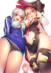 Rule 34 | 3girls, :d, ahoge, ange katrina, ange katrina (1st costume), arm up, armpits, bikini, black dress, black gloves, blonde hair, blue eyes, blush, breasts, cape, cleavage cutout, clothing cutout, dark-skinned female, dark skin, denim, denim shorts, dress, elbow gloves, fang, food, food-themed hair ornament, fruit, gloves, grey hair, hair between eyes, hair intakes, hair ornament, hat, hayama marin, highres, jacket, large breasts, lime (fruit), lime slice, long hair, long sleeves, looking at viewer, mole, mole under eye, multiple girls, navel, navel cutout, nijisanji, nui sociere, nui sociere (1st costume), open mouth, red eyes, red hair, ryuji (ikeriu), short hair, shorts, simple background, smile, striped bikini, striped clothes, swimsuit, thick eyebrows, very long hair, virtual youtuber, white background, witch hat, yellow eyes