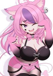 Rule 34 | 1girl, absurdres, ahoge, animal ear fluff, animal ears, bell, black choker, black pantyhose, black shirt, black thighhighs, bow, breasts, cat ears, choker, cleavage, commentary, crimsle, demon girl, demon horns, demon tail, english commentary, facial tattoo, fingerless gloves, gloves, hair ornament, hairclip, heart, heart ahoge, heart hair ornament, highres, horns, ironmouse, ironmouse (pink rock), jingle bell, large breasts, long hair, looking at viewer, multicolored hair, navel, one eye closed, open mouth, pantyhose, paw pose, pink bow, pink gloves, pink hair, pink shorts, purple eyes, purple hair, shirt, short shorts, shorts, skull, star tattoo, strapless, streaked hair, tail, tattoo, thighhighs, tube top, virtual youtuber, vshojo