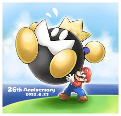 Rule 34 | 1boy, angry, anniversary, aogaeru (pixiv46613656), blue eyes, brown hair, carrying, crown, day, facial hair, gloves, hat, highres, king bob-omb, mario, mario (series), mustache, nintendo, overalls, super mario 64, sweat, water