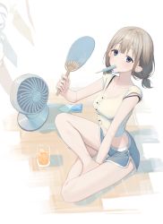 Rule 34 | 1girl, absurdres, bare arms, bare legs, barefoot, between legs, blue eyes, blue shorts, breasts, brown hair, collarbone, commentary request, cup, drink, drinking glass, electric fan, food, food in mouth, full body, hand between legs, hand fan, highres, holding, holding fan, ice, ice cube, idolmaster, idolmaster shiny colors, indian style, looking at viewer, low twintails, medium breasts, mouth hold, popsicle, serizawa asahi, shirt, short shorts, shorts, sitting, solo, syhan, twintails, white background, wind chime, yellow shirt