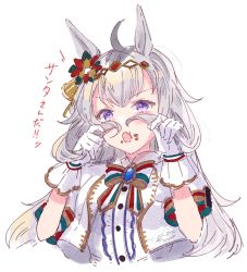 Rule 34 | 1girl, ahoge, animal ears, artist name, bow, bowtie, brooch, buttons, cropped jacket, cropped torso, dated, food, food on face, gloves, grey hair, hair mustache, holding, holding own hair, horse ears, horse girl, ittokyu, jacket, jewelry, long hair, looking at viewer, multicolored hair, official alternate costume, oguri cap (miraculous white star) (umamusume), oguri cap (umamusume), open mouth, purple eyes, shirt, short sleeves, simple background, solo, translation request, two-tone hair, umamusume, upper body, white background, white gloves, white jacket, white shirt
