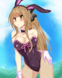 Rule 34 | 10s, 1girl, amagi brilliant park, animal ears, bare shoulders, blush, bow, bowtie, breasts, brown hair, cleavage, covered navel, detached collar, facu10mag, fake animal ears, female focus, fishnet pantyhose, fishnets, gloves, hair ornament, hair ribbon, highres, large breasts, leotard, long hair, pantyhose, playboy bunny, ponytail, rabbit ears, ribbon, sento isuzu, solo, standing, thighs, yellow eyes