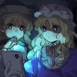 Rule 34 | 2girls, black eyes, black headwear, blonde hair, cellphone, closed mouth, commentary request, gloves, hat, hat ribbon, highres, holding, holding phone, kaigen 1025, long hair, matara okina, mob cap, multiple girls, neck ribbon, phone, puffy short sleeves, puffy sleeves, purple eyes, purple shirt, red ribbon, ribbon, screen light, shirt, short sleeves, touhou, wavy hair, white gloves, white headwear, yakumo yukari