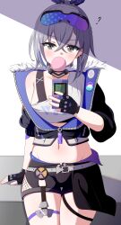 Rule 34 | 1girl, absurdres, breasts, chewing gum, closed mouth, commentary, earrings, eyewear on head, grey eyes, grey hair, hair between eyes, hand in pocket, high ponytail, highres, honkai: star rail, honkai (series), jacket, jewelry, long sleeves, looking at viewer, open clothes, open jacket, phone, silver wolf (honkai: star rail), simple background, small breasts, solo, sports bra, upper body, zhyseven