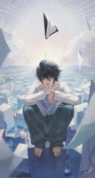 Rule 34 | 1boy, barefoot, black hair, black pants, blouse, character name, cloud, death note, death note (object), denim, highres, jeans, jitome, jnkku, l (death note), long sleeves, looking at viewer, male focus, pants, rain, shirt, sitting, solo, squatting, tombstone, white shirt