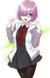 Rule 34 | 1girl, :d, black dress, blue-framed eyewear, breasts, brown pantyhose, clenched hands, collared shirt, commentary request, cowboy shot, dress, eyes visible through hair, fate/grand order, fate (series), fingernails, glasses, grey hoodie, hair over one eye, hands up, highres, hood, hood down, hoodie, impossible clothes, impossible dress, komase (jkp423), legs together, long sleeves, looking at viewer, mash kyrielight, necktie, open clothes, open hoodie, open mouth, pale skin, pantyhose, pleated dress, pocket, purple eyes, purple hair, red necktie, shirt, short dress, short hair, small breasts, smile, solo, standing, unzipped, white background, white hoodie, white shirt, wing collar, zipper, zipper pull tab