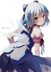 Rule 34 | 1girl, blue bow, blue dress, blue eyes, blue hair, bow, cirno, dress, from behind, hair bow, highres, ice, ice wings, looking at viewer, looking back, natsume suzuri, short hair, short sleeves, simple background, solo, touhou, twitter username, white background, wings