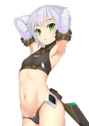 Rule 34 | 1girl, absurdres, armpits, arms behind head, arms up, bandaged arm, bandages, bare shoulders, black panties, black thighhighs, black vest, breasts, covered erect nipples, cropped vest, curvy, facial scar, fate/apocrypha, fate/grand order, fate (series), green eyes, hair between eyes, highres, jack the ripper (fate/apocrypha), looking at viewer, navel, open mouth, panties, pectorals, scar, scar across eye, scar on cheek, scar on face, short hair, shoulder tattoo, small breasts, tattoo, thighhighs, thighs, thong, underwear, vest, white hair, wide hips, yamachi (xadp7533)