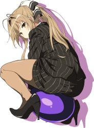 Rule 34 | 10s, 1girl, amagi brilliant park, antenna hair, ass, ball, blush, bow, brown eyes, brown hair, business suit, formal, hair bow, hair intakes, high heels, highres, long hair, looking back, pantyhose, pencil skirt, pinstripe pattern, pinstripe suit, ponytail, see-through, see-through legwear, sento isuzu, silhouette, simple background, skirt, skirt suit, solo, squatting, striped, suit, white background, yoshiki360