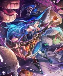 Rule 34 | 10s, 1girl, artist request, asymmetrical legwear, blue hair, boots, broken, broken floor, broken glass, crack, cracked floor, cygames, detached sleeves, electric guitar, fang, frills, fur trim, glass, guitar, hair over one eye, hat, instrument, long hair, multicolored hair, official art, plank, purple eyes, remi and rami, shadowverse, shingeki no bahamut, stuffing, tongue, tongue out, torn clothes, uneven legwear, very long hair, witch hat