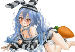 Rule 34 | 1girl, animal ears, bare legs, bare shoulders, barefoot, blue hair, blush, breasts, carrot, chain, cleavage, closed mouth, collar, commentary, don-chan (usada pekora), full body, gotou (nekocat), hair between eyes, hat, hololive, licking lips, light blue hair, long hair, looking at viewer, lying, medium breasts, multicolored hair, off-shoulder shirt, off shoulder, official alternate costume, on side, prison clothes, rabbit ears, red eyes, shirt, simple background, smile, solo, striped clothes, striped headwear, striped shirt, symbol-shaped pupils, thick eyebrows, tongue, tongue out, twintails, two-tone hair, usada pekora, usada pekora (prisoner), virtual youtuber, white background, white hair