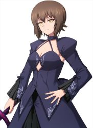 Rule 34 | 1girl, armor, armored dress, artoria pendragon (all), artoria pendragon (fate), black dress, breasts, brown eyes, brown hair, cleavage, closed mouth, commentary, cosplay, cowboy shot, dress, empty eyes, excalibur morgan (fate), fate/grand order, fate/stay night, fate (series), frown, girls und panzer, hand on own hip, highres, holding, holding sword, holding weapon, juliet sleeves, long dress, long sleeves, looking at viewer, medium breasts, nishizumi maho, omachi (slabco), puffy sleeves, saber alter, saber alter (cosplay), short hair, shrug (clothing), simple background, solo, standing, sword, weapon, white background