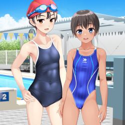 Rule 34 | 2girls, absurdres, bench, black hair, blue eyes, blue one-piece swimsuit, blue sky, brown eyes, cameltoe, cloud, collarbone, commentary request, competition school swimsuit, competition swimsuit, covered navel, day, feet out of frame, flat chest, goggles, goggles on head, hand on own hip, highres, lane line, long hair, multicolored clothes, multicolored swimsuit, multiple girls, one-piece swimsuit, open mouth, original, outdoors, pool, pool ladder, poolside, red headwear, round teeth, school swimsuit, short hair, sky, smile, standing, starting block, string of flags, striped clothes, striped one-piece swimsuit, swim cap, swimsuit, takafumi, tan, teeth, tomboy, upper teeth only, variant set, vertical-striped clothes, vertical-striped one-piece swimsuit