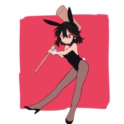 Rule 34 | 1girl, 320 (romsen), animal ears, bad id, bad twitter id, black footwear, black hair, black leotard, black pantyhose, blue eyes, boots, bow, bowtie, closed mouth, commentary, detached collar, fake animal ears, fake tail, frown, high heel boots, high heels, highres, holding, holding mallet, kill la kill, leaning forward, leotard, looking at viewer, mallet, matoi ryuuko, multicolored hair, pantyhose, playboy bunny, rabbit ears, rabbit tail, red background, red bag, red bow, red bowtie, short hair, solo, standing, strapless, strapless leotard, streaked hair, tail, two-tone hair, v-shaped eyebrows, wrist cuffs