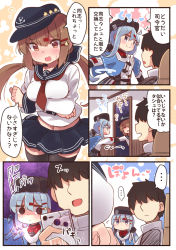 Rule 34 | 1boy, 2girls, @ @, admiral (kancolle), anchor symbol, between breasts, blush, breasts, brown hair, cellphone, closed mouth, comic, commentary request, cosplay, costume switch, embarrassed, epaulettes, fur hat, hair ornament, hairclip, hat, heart, hibiki (kancolle), hibiki (kancolle) (cosplay), highres, kantai collection, long hair, long sleeves, military, military uniform, multiple girls, naval uniform, necktie, necktie between breasts, on shoulder, open mouth, papakha, phone, sailor, sailor collar, shirt, short hair, silver hair, speech bubble, star (symbol), suzuki toto, tashkent (kancolle), tashkent (kancolle) (cosplay), thighhighs, translated, twintails, uniform, verniy (kancolle), white shirt