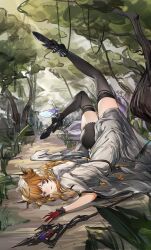 1girl absurdres arknights black_thighhighs blonde_hair branch bug butterfly chinese_commentary cloak flantia forest gloves highres insect leizi_(arknights) long_hair looking_at_viewer lying nature on_stomach open_mouth outdoors purple_eyes red_gloves staff thighhighs thighs tree white_cloak