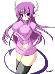 Rule 34 | 1girl, blue eyes, blush, breast hold, breasts, demon girl, demon tail, disgaea, horns, large breasts, long hair, luxuria, naked sweater, pointy ears, purple hair, simple background, solo, succubus (disgaea), sweater, tail, thighhighs, very long hair, white background