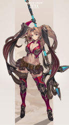 Rule 34 | 1girl, armor, armpits, artist request, belt, blonde hair, blue eyes, breasts, cleavage, gauntlets, granblue fantasy, greaves, hairband, highres, long hair, navel, polearm, solo, spear, thighhighs, twintails, weapon, zeta (granblue fantasy)