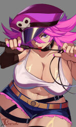 Rule 34 | 1girl, abs, absurdres, big hair, blue shorts, breasts, cleavage, commission, crop top, denim, denim shorts, hat, highres, holding, holding whip, large breasts, licking, looking at viewer, peaked cap, poison (final fight), shorts, street fighter, tank top, tongue, tongue out, ttt (titatuem)