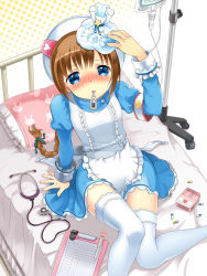 Rule 34 | 1girl, animal print, apron, arm support, bed, blue eyes, blush, braid, brown hair, clipboard, dress, fever, hat, highres, ice, intravenous drip, long hair, long sleeves, nose blush, original, pill, pillow, rabbit print, single braid, sitting, solo, stethoscope, takeda mika, thermometer, thighhighs