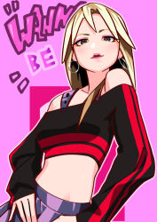 Rule 34 | 1girl, animification, black eyes, black shirt, blonde hair, collarbone, commentary, crop top, cropped shirt, earrings, hands on own hips, hoop earrings, itzy, jewelry, k-pop, leaning to the side, long hair, long sleeves, midriff, open mouth, parted lips, pleated skirt, purple eyes, purple skirt, real life, ryohhe, ryujin (itzy), shirt, skirt, solo, song name, wannabe (itzy)