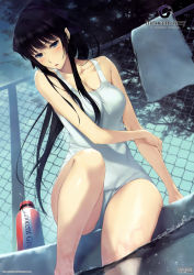 Rule 34 | 1girl, absurdres, bare shoulders, black hair, blue eyes, bottle, breasts, chain-link fence, cleavage, collarbone, day, dutch angle, fence, from below, highres, innocent grey, kara no shoujo 2, kayahara yukiko, large breasts, lips, long hair, one-piece swimsuit, outdoors, parted lips, ponytail, pool, poolside, scan, school swimsuit, sitting, soaking feet, solo, sugina miki, swimsuit, towel, underwater, water, water bottle, wet, white school swimsuit, white one-piece swimsuit