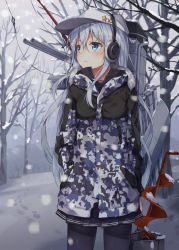 Rule 34 | 1girl, auger, bare tree, black pantyhose, blue eyes, bucket, camouflage, camouflage jacket, commentary, cowboy shot, earmuffs, flat cap, fur trim, hair between eyes, hands in pocket, hat, hibiki (kancolle), highres, holding, huwari (dnwls3010), jacket, kantai collection, long hair, looking to the side, miniskirt, outdoors, pantyhose, pleated skirt, revision, rigging, silver hair, skirt, snow, solo, standing, tree, verniy (kancolle)