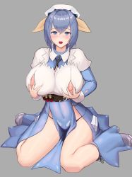 Rule 34 | 1girl, absurdres, bad id, bad pixiv id, blue dress, blue eyes, blue hair, breast lift, breasts, cement (zerg0510), dress, full body, grabbing own breast, hair between eyes, hat, highres, huge breasts, last origin, looking at viewer, maria of penance, necktie, nipples, open mouth, sitting, solo, wariza