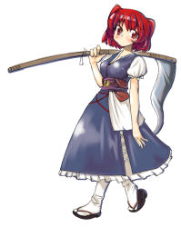 Rule 34 | 1girl, blush, breasts, coin, dress, hiro (h-net), japanese clothes, kimono, kimono skirt, long dress, looking at viewer, obi, onozuka komachi, over shoulder, red eyes, red hair, sandals, sash, scythe, simple background, solo, tabi, touhou, two side up, weapon, weapon over shoulder