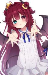 Rule 34 | 1girl, ahoge, blue bow, blue eyes, blush, bow, breasts, brown wings, commentary request, crescent, crescent hair ornament, crown, demon girl, demon horns, demon tail, demon wings, double bun, dress, hair bun, hair intakes, hair ornament, heterochromia, highres, horns, long hair, looking at viewer, mini crown, nijisanji, outstretched arms, red eyes, red hair, senagawa roro, simple background, small breasts, solo, tail, tail bow, tail ornament, tilted headwear, two side up, very long hair, virtual youtuber, white background, white dress, wings, yuzuki roa
