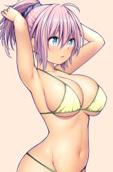 Rule 34 | 1girl, alternate costume, aoba (kancolle), arms behind head, bikini, blue eyes, breasts, commentary request, highres, kantai collection, kuromayu, large breasts, medium breasts, pink background, ponytail, purple hair, simple background, solo, swimsuit, upper body, yellow bikini