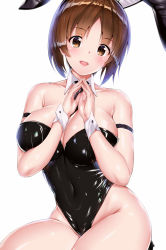 Rule 34 | 1girl, amasora taichi, animal ears, arm strap, bare shoulders, black footwear, black necktie, blush, breasts, brown eyes, brown hair, cleavage, collarbone, detached collar, fake animal ears, girls und panzer, high heels, highleg, highleg leotard, highres, large breasts, leotard, lips, looking at viewer, necktie, nishizumi miho, open mouth, playboy bunny, rabbit ears, shiny clothes, short hair, short necktie, simple background, sitting, smile, solo, teeth, upper teeth only, white background, wrist cuffs