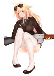 Rule 34 | 1girl, absurdres, ahoge, ass, automatic rifle, aviator sunglasses, blonde hair, blush, convenient leg, eyewear on head, full body, girls&#039; frontline, green eyes, gun, highres, invisible chair, light machine gun, long hair, low-tied long hair, m1918 (girls&#039; frontline), m1918 bar, machine gun, military, military uniform, necktie, simple background, sitting, solo, squad automatic weapon, sunglasses, thighhighs, uniform, very long hair, weapon, white background, white thighhighs, yilan un